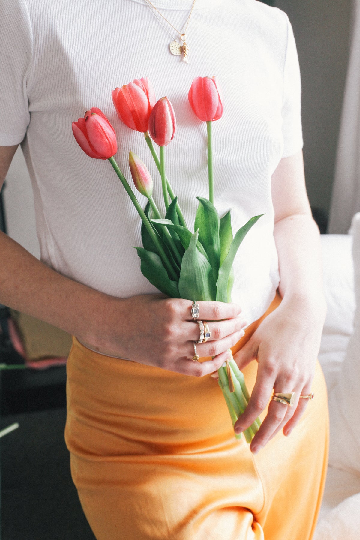 Abby holds beautiful bouquet of artificial tulips NZ 